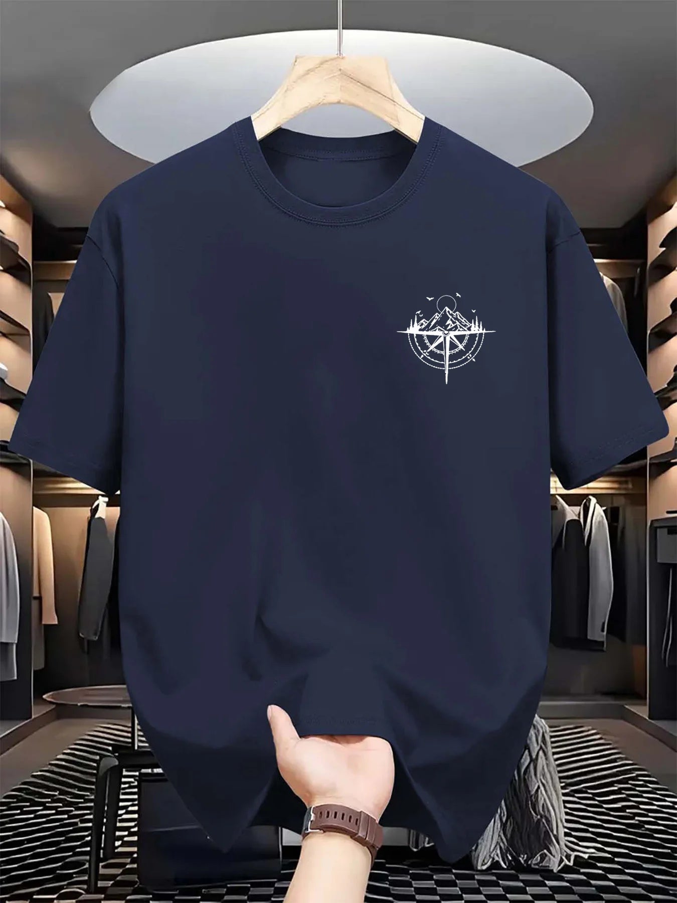 Summer Men's 100% Cotton Mountain Compass Graphic Printed Casual Loose Sports Comfortable Round Neck Short Sleeve T-shirt Top