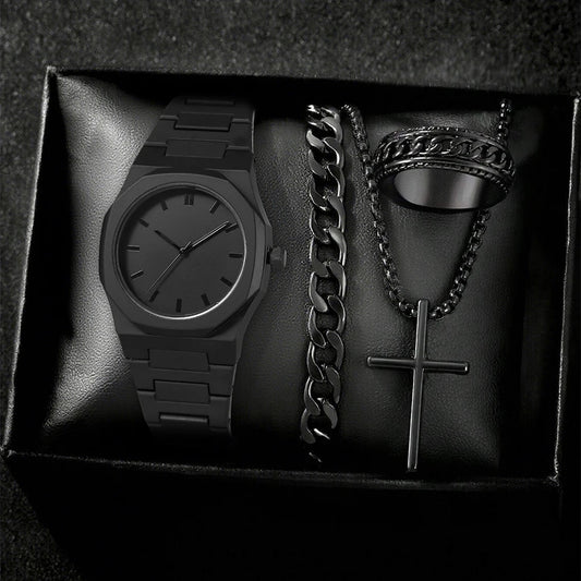 4PCS Black Men's Watch Set Business Trend Fashion Quartz Watch Bracelet Necklace Ring Set Perfect Gift Set for Friends or Dad
