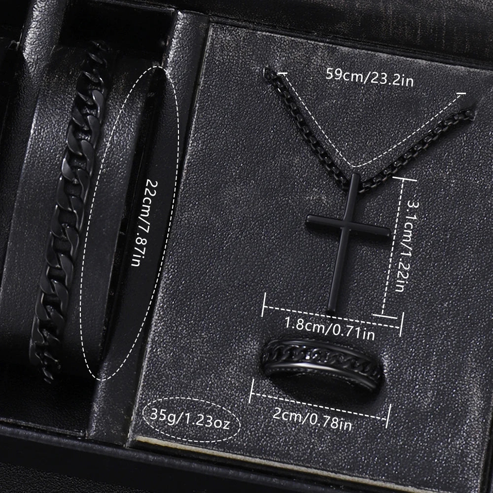 4PCS Black Men's Watch Set Business Trend Fashion Quartz Watch Bracelet Necklace Ring Set Perfect Gift Set for Friends or Dad