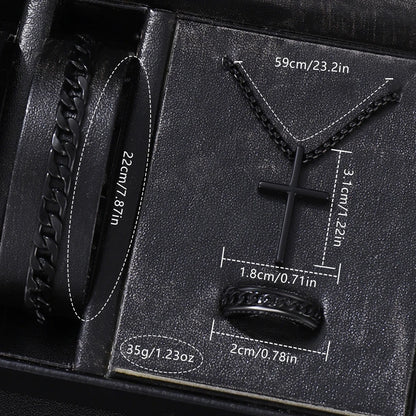 4PCS Black Men's Watch Set Business Trend Fashion Quartz Watch Bracelet Necklace Ring Set Perfect Gift Set for Friends or Dad