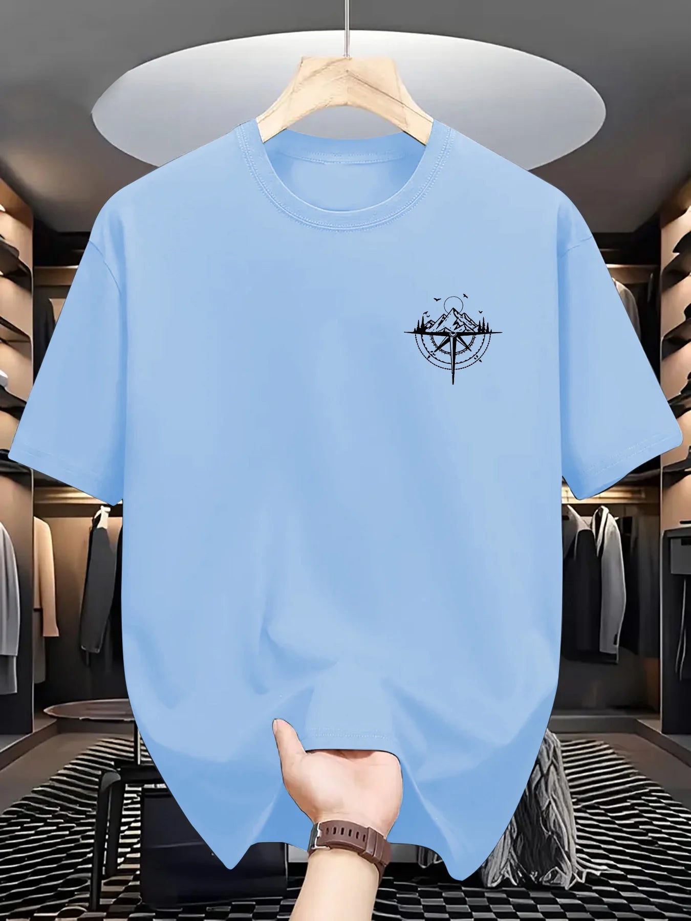 Summer Men's 100% Cotton Mountain Compass Graphic Printed Casual Loose Sports Comfortable Round Neck Short Sleeve T-shirt Top