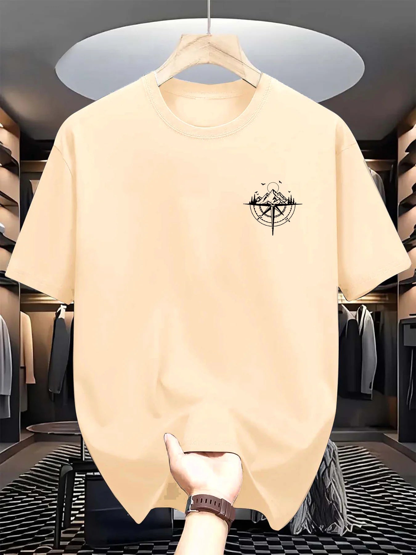 Summer Men's 100% Cotton Mountain Compass Graphic Printed Casual Loose Sports Comfortable Round Neck Short Sleeve T-shirt Top